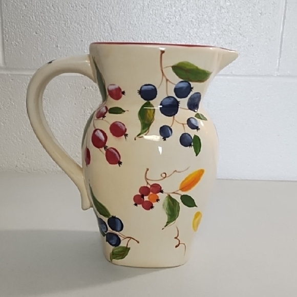 Vintage Ceramic Pitcher Floral Vase with Hand-Painted Berry-ies Floral Art - Picture 3 of 12